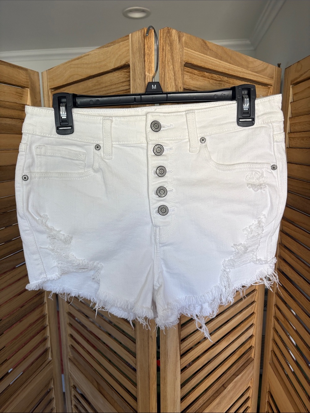 eunina White Distressed High-Rise Button-Fly Denim Shorts